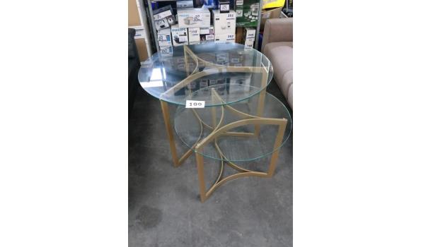2 design ronde div tafels vv glazen blad, afm plm diam 90 en 71cm